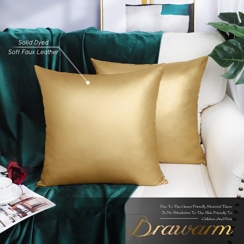 BRAWARM Faux Leather Throw Pillow Covers 16 X 16 Inches - Gold Leather Pilow Covers Pack of 2, Solid Dyed Leather Pillowcases for Couch Bed Sofa Garden Home Decorative - Image 2